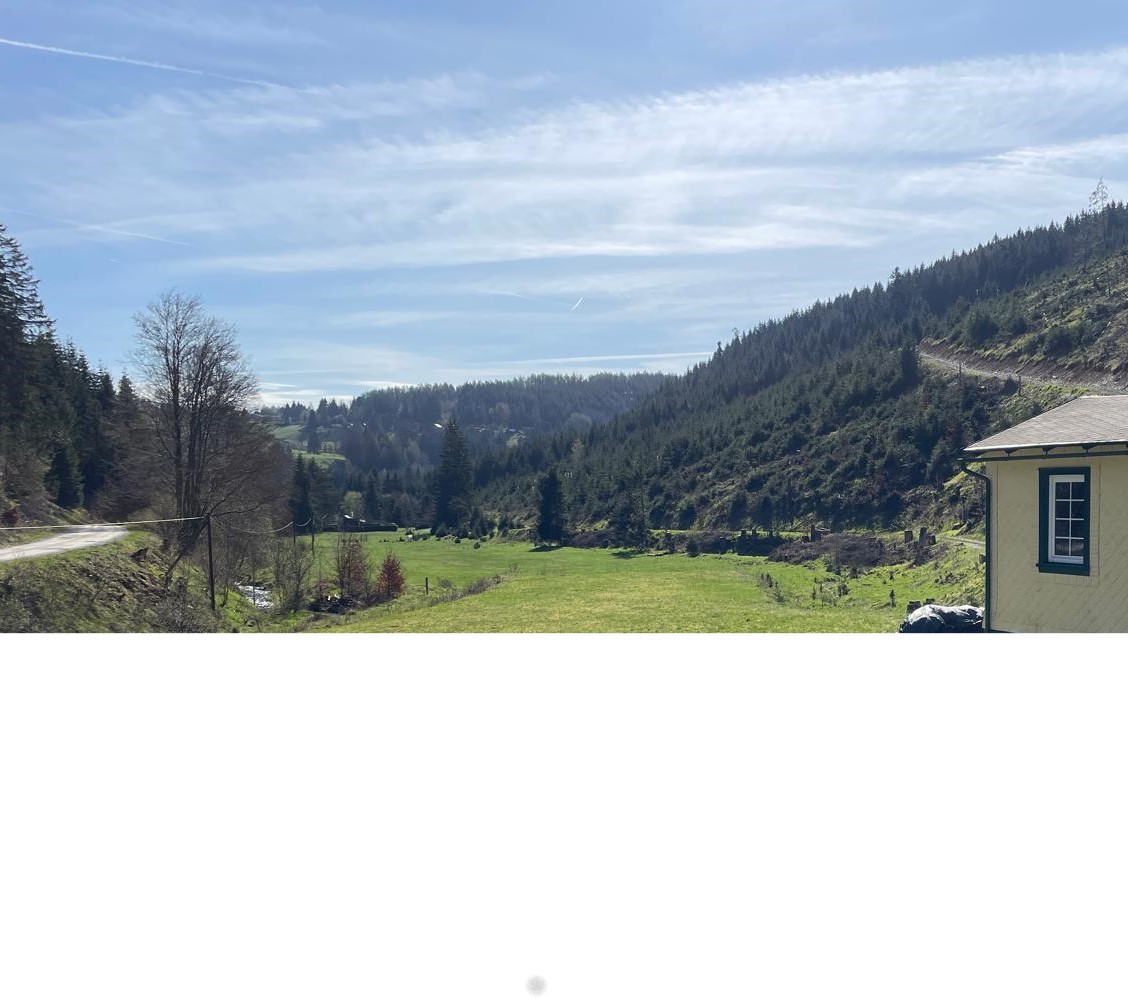 Blick über eine grüne Wiese in das bewaldete Tal, rechts der kleine Gruppenraum